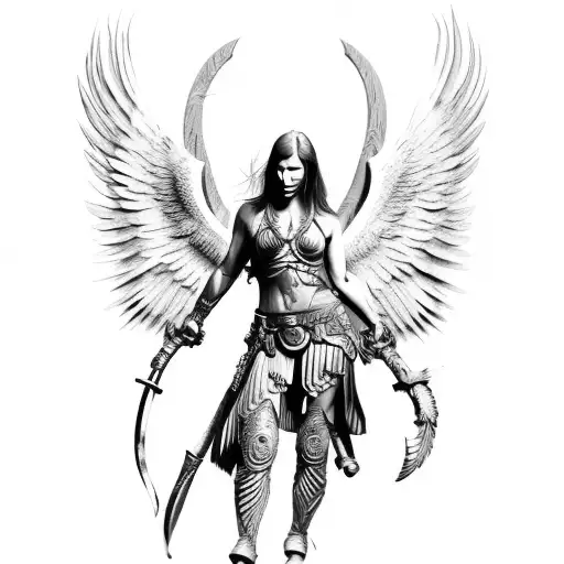 full body female Warriors angel with winds tattoo design idea