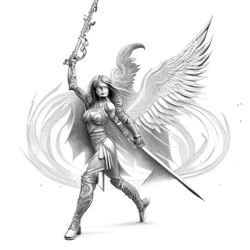 full body female Warriors angel with winds tattoo design idea