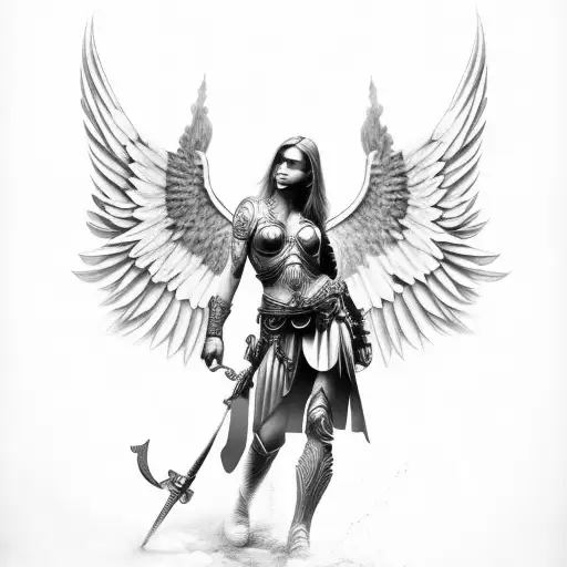 full body female Warriors angel with winds tattoo design idea