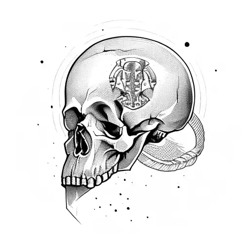 human skull with medieval knight helmet tattoo design idea