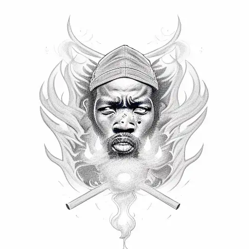 A portrait of a legendary Wu-Tang Clan member, with smoke and fire surrounding their face, capturing their powerful presence tattoo design idea
