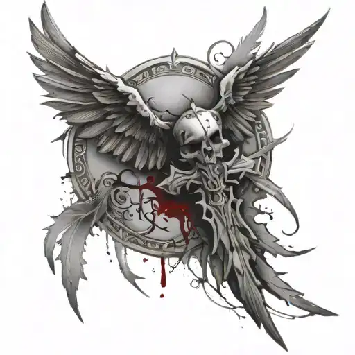 Stab marks on back with blood tattoo with cross and wings tattoo design idea