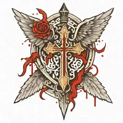 Stab marks on back with blood tattoo with cross and wings tattoo design idea