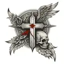 Stab marks on back with blood tattoo with cross and wings tattoo design idea