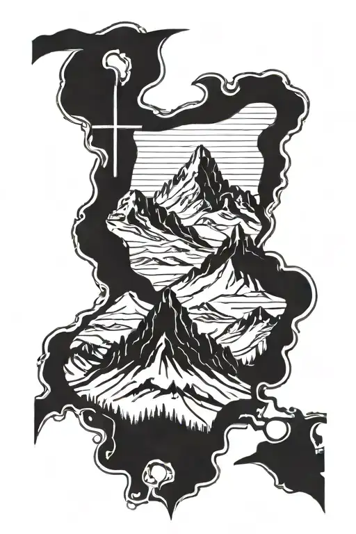 A mountain range silhouette with a hidden Christian cross incorporated into the design tattoo design idea