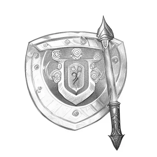 greek spartan sheild and spear behind the sheild with greek letters tattoo design idea