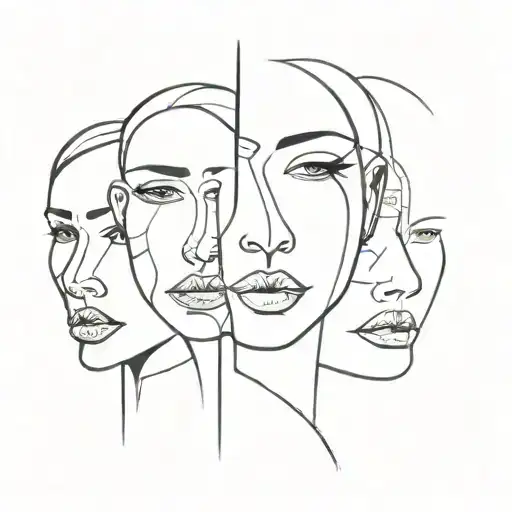 multiple versions of abstract faces merged together showing different emotions in a horizontal line tattoo design idea
