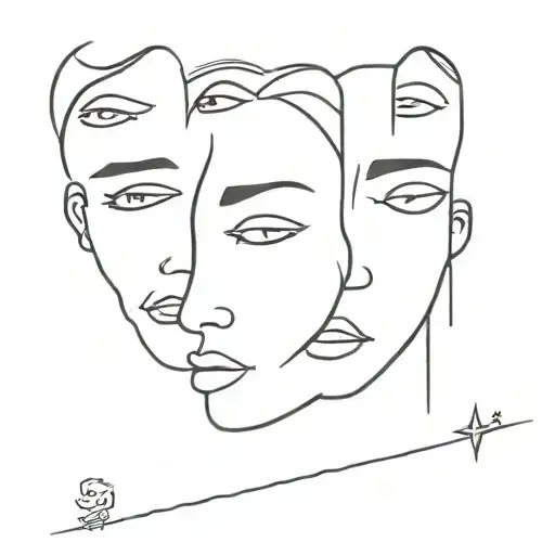 multiple versions of faces merged together showing different emotions in a horizontal line tattoo design idea