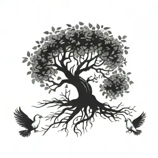 A tattoo design combining elements of family, sports, and peace symbolized through a tree with roots representing family, branches symbolizing different sports, and doves carrying olive branches flying around it tattoo design idea