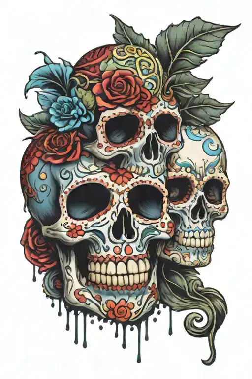 sugar skulls that have broken open and are spilling jewels and crystals the color of blood tattoo design idea