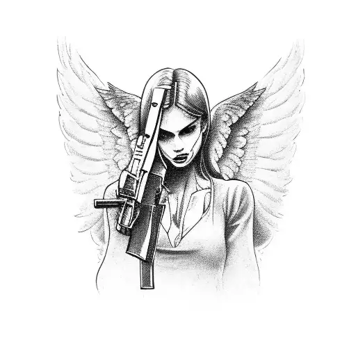 angel holding a gun in a menacing pose tattoo design idea