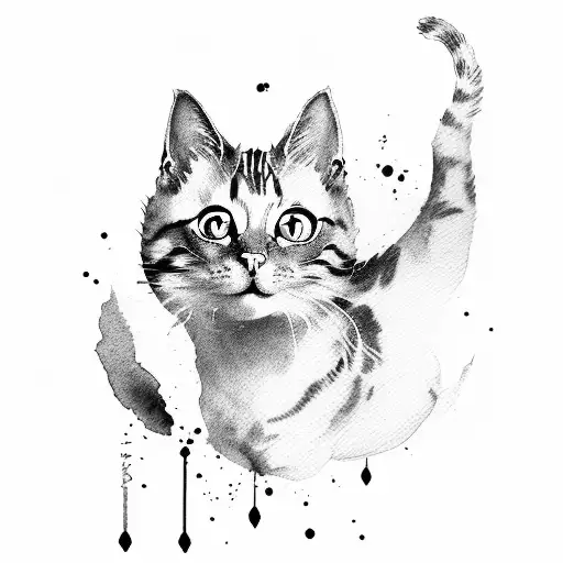 Painted cat jumping watercolor, felines form, Chinese ink wash stile  tattoo design idea