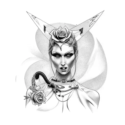 A free-flowing dominatrix in a fierce pose, holding a whip and wearing a collar bone tattoo of a delicate rose tattoo design idea