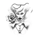 A free-flowing dominatrix in a fierce pose, holding a whip and wearing a collar bone tattoo of a delicate rose tattoo design idea