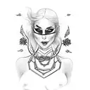 A free-flowing dominatrix in a fierce pose, holding a whip and wearing a collar bone tattoo of a delicate rose tattoo design idea