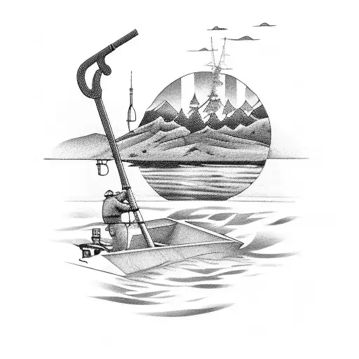 A detailed tattoo of a heavy equipment operator fishing in a serene lake tattoo design idea