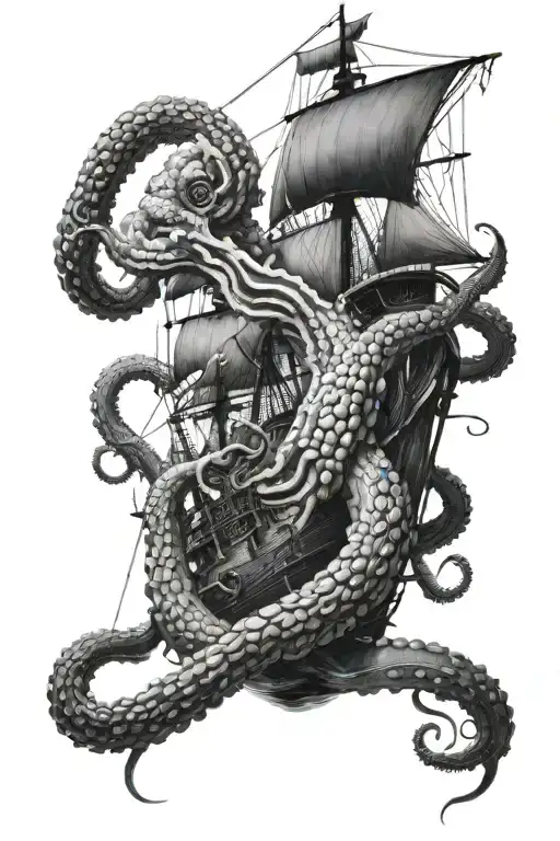a full back tattoo of a giant octopus with large tentacles pulling a ship under the sea all in black and grey shades wit tattoo design idea