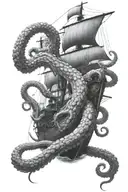 a full back tattoo of a giant octopus with large tentacles pulling a ship under the sea all in black and grey shades wit tattoo design idea