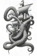 a full back tattoo of a giant octopus with large tentacles pulling a ship under the sea all in black and grey shades wit tattoo design idea