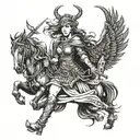 A Valkyrie warrior maiden leading fallen warriors to Valhalla in blackwork tattoo design idea
