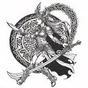 A Valkyrie warrior maiden leading fallen warriors to Valhalla in blackwork tattoo design idea