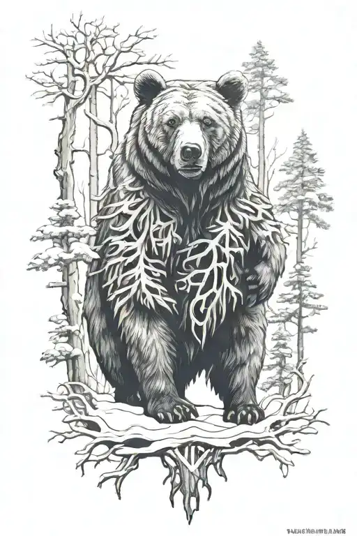 Bear, forest, winter, mystic sigil incorporating elements tattoo design idea