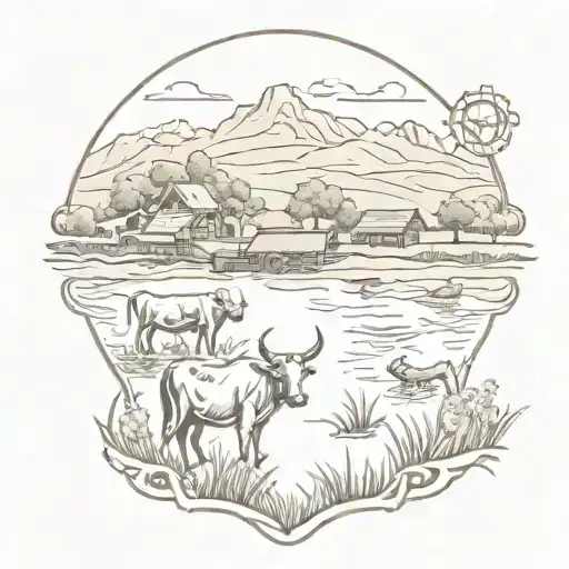 An intricate tattoo of a ranch landscape with cattle, horses, and a fishing pond, showcasing the client's love for ranching and fishing tattoo design idea