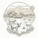 An intricate tattoo of a ranch landscape with cattle, horses, and a fishing pond, showcasing the client's love for ranching and fishing tattoo design idea