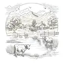 An intricate tattoo of a ranch landscape with cattle, horses, and a fishing pond, showcasing the client's love for ranching and fishing tattoo design idea