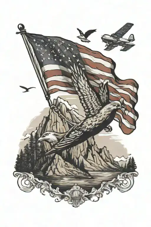 abe lincon, stonewall jackson, american flag, mountains, lake, trees, airplane, birds, kidney, maxwell tattoo design idea
