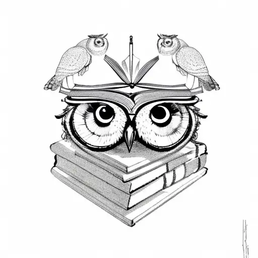 Owl over books with Athena's army helmet tattoo design idea