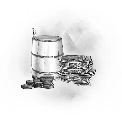 A trader drumming on stacks of money tattoo design idea