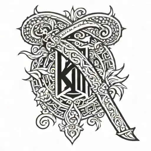 tamil letters named kali with a khara weapon tattoo design idea