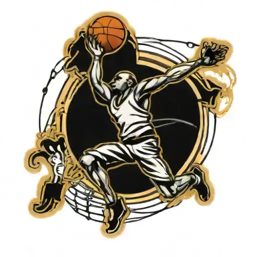Stick figure shooting a clock into a basketball hoop tattoo design idea