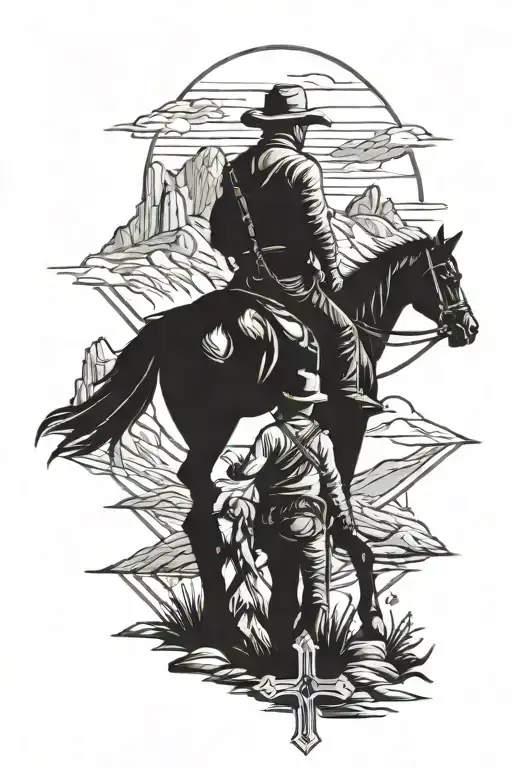 cowboy with horse at  cross with mountain backdrop scenery tattoo design idea