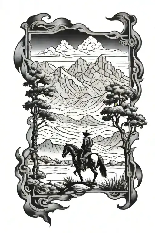 cowboy with horse at  cross with mountain backdrop scenery tattoo design idea