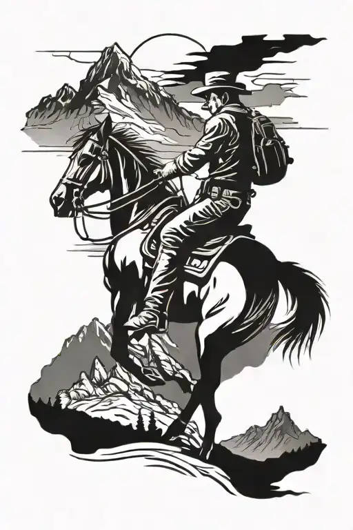 cowboy with horse at  cross with mountain backdrop scenery tattoo design idea