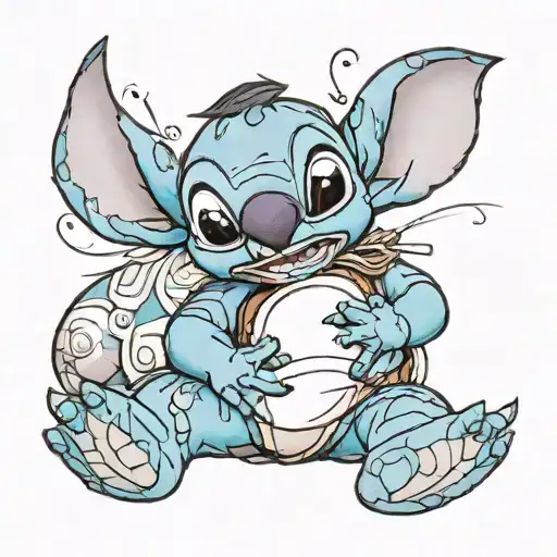 Create a tattoo featuring Stitch lying down and sleeping with Simba as his cuddly toy on the right arm. Stitch should ha tattoo design idea