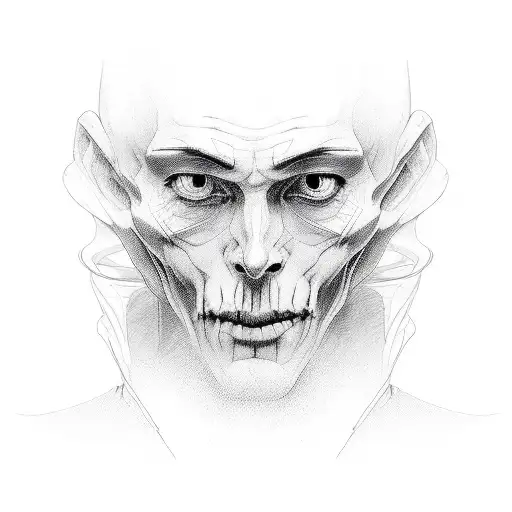 Portrait of a ghostly figure emerging from shadows tattoo design idea