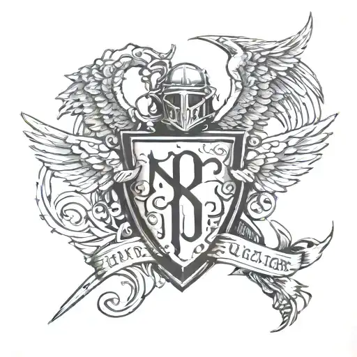 knight with anglel wings and halo, with the date 10/31/2014 in Roman numerals and the alpha and omega symbol  tattoo design idea