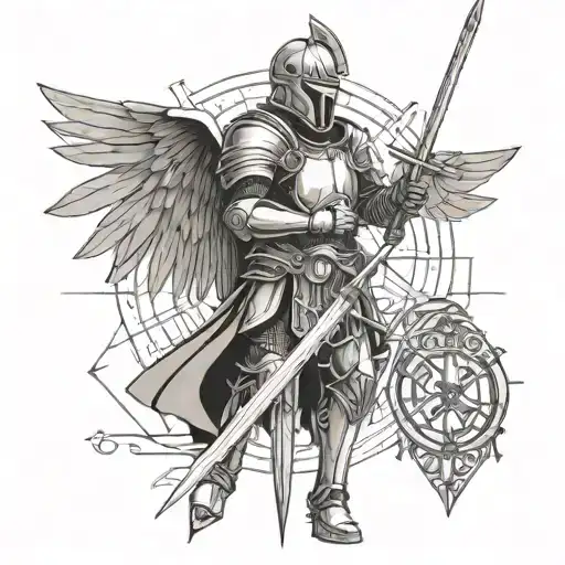 knight with a sword with anglel wings and halo, with the date 10/30/2014 in Roman numerals  tattoo design idea