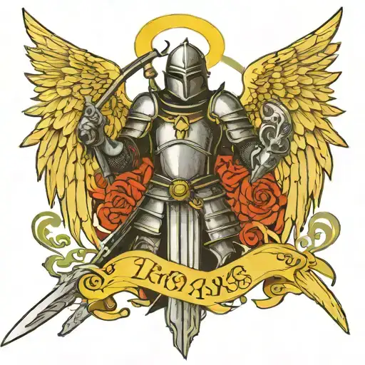 knight with a sword with angel wings and halo, with the date 10/30/2014 in Roman numerals  tattoo design idea