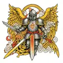 knight with a sword with angel wings and halo, with the date 10/30/2014 in Roman numerals  tattoo design idea