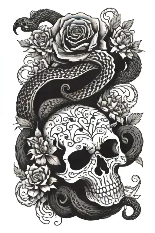 A snake slithering through a skull surrounded by flowers along with a Medusa head in the flowers tattoo design idea