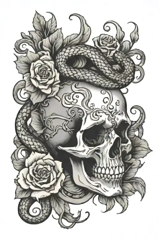 a snake slithering through a skull with flowers and Medusa surrounded by flowers tattoo design idea