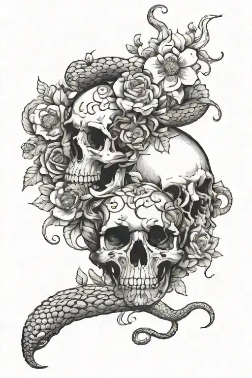 A snake slithering through a skull surrounded by flowers along with a Medusa head in the flowers tattoo design idea