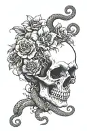 A snake slithering through a skull surrounded by flowers along with a Medusa head in the flowers tattoo design idea