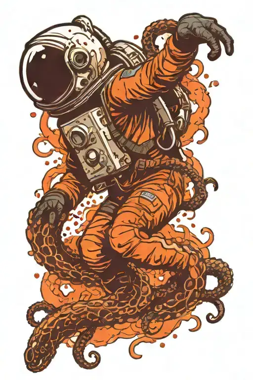 astronaut floating in space tentacles ripping out of his back and head holding an open necronomicon  tattoo design idea