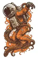 astronaut floating in space tentacles ripping out of his back and head holding an open necronomicon  tattoo design idea