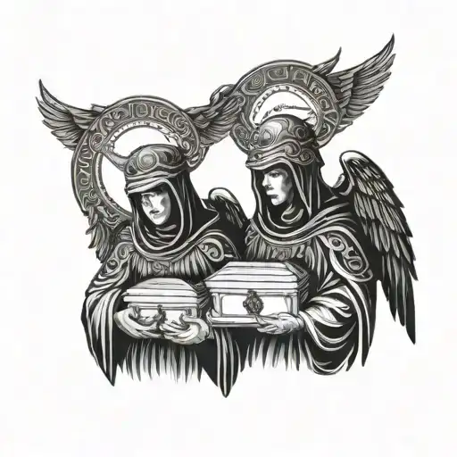 two dark angels made of robes with a halo and an occult vibe carrying a coffin tattoo design idea
